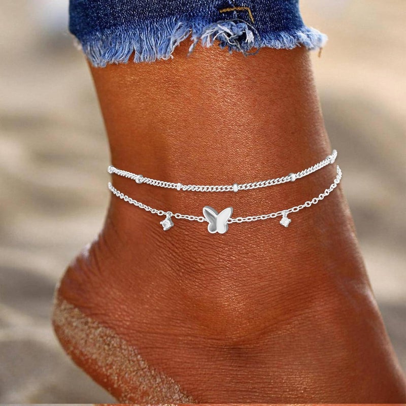 Poxtex Sterling Silver Anklet Bracelets for Women Waterproof, 925 Sliver Plated CZ & Heart Charm Dainty Layer Anklets for Women Trendy, Simple Chain Anklets Set Gifts for Women, Mother Day Jewelry Gifts for Her Women Mom Wife Girlfriend - Image 3